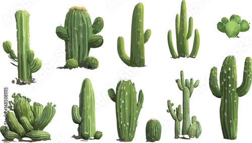 Collection of diverse desert cacti and succulents arranged on a clean white background studio shot