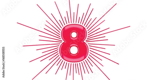 Vector illustration of a bright pink number 8 with radiating pink lines emanating from it, isolated on a