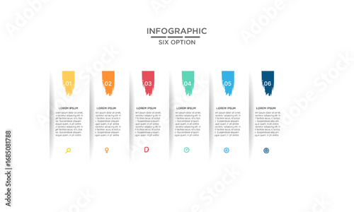 Business infographic template with six colorful options, steps, or features, illustrating a workflow, process, or data visualization for presentations and reports.