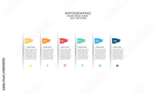Business Infographic Template with Six Options, Colorful Brush Strokes, and Icons for Presentation