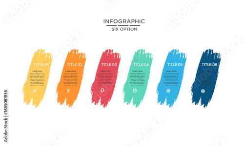 Infographic template with six colorful brushstroke options, icons, and text for presentation or data visualization.