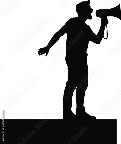 Silhouette of a person speaking into a megaphone on a platform