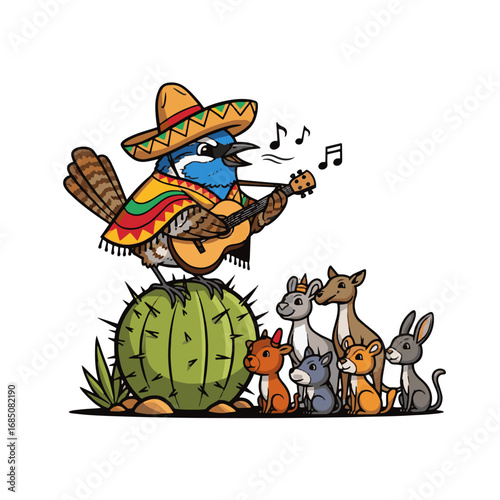 Mariachi Bird Serenades Desert Animals on a Cactus