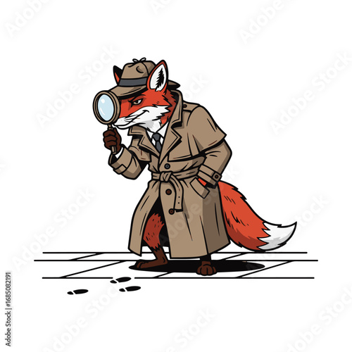Clever Fox Detective Investigating with Magnifying Glass and Footprints