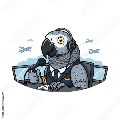 African Grey Parrot Air Traffic Controller with Headset and Microphone