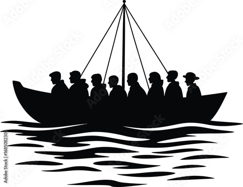Silhouette of a vintage sailing boat filled with people on wavy water