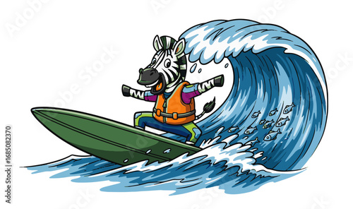 Happy Cartoon Zebra Surfing on a Wave with Fish