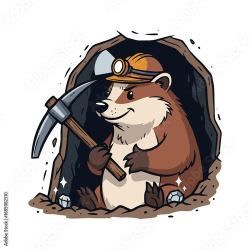 Cute Badger Miner with Pickaxe and Glowing Gems from a Cave Entrance