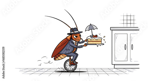 Dapper Cockroach on Unicycle Delivering Cake with Umbrella