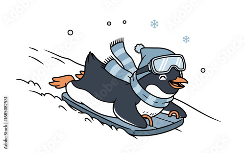 Cute Penguin Sledding Down Snowy Hill in Winter Attire