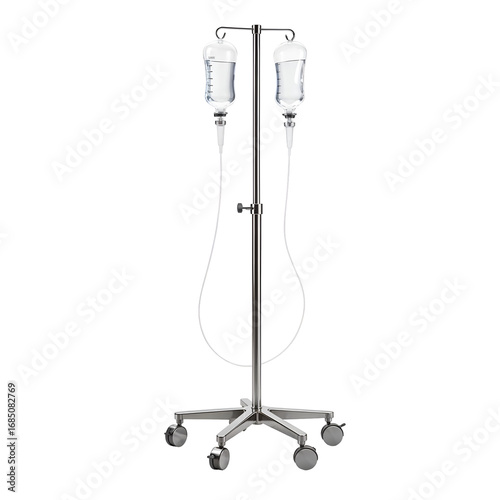 Hospital IV stand with drip bags isolated on white background, PNG