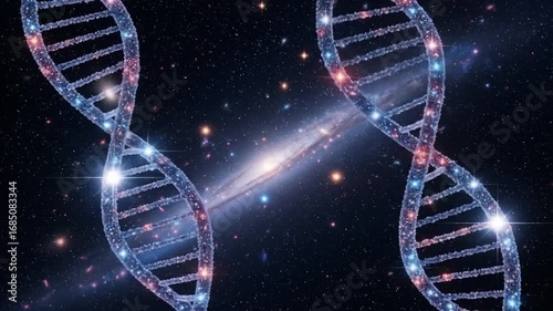 DNA Structures Against a Cosmic Background Depicting Genetic Code in the Universe Exploring the blueprint of life against the vast expanse of the cosmos with double helix formations