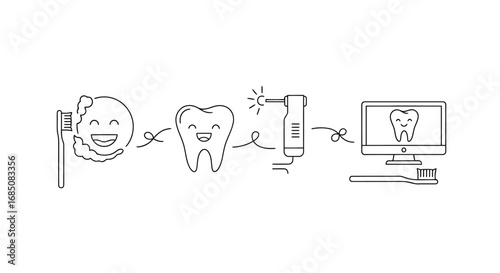 Vector illustration of cartoon illustration of dental hygiene process with toothbrush and dental drill