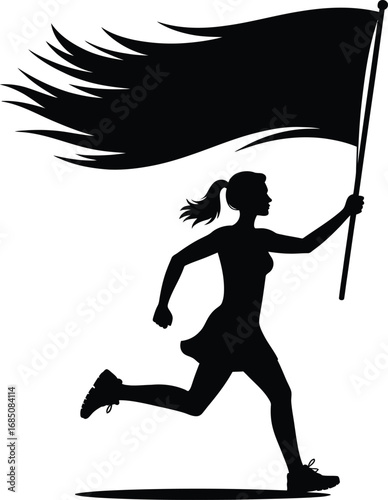 Silhouette of a woman running with a large black flag blowing in the wind