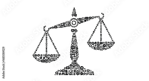 Vector illustration of scales of justice made from many small icons and symbols