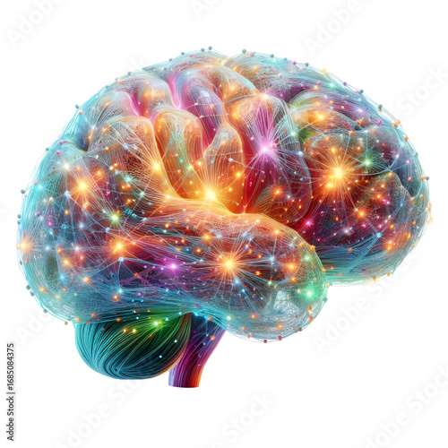 3D glowing brain model isolated white background.