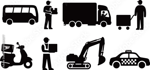Silhouettes of various transport and delivery services, including vehicles and workers.