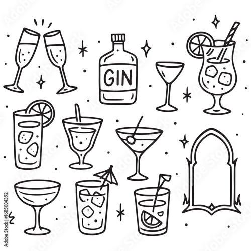 Alcohol cocktail bar doodle set, vector hand drawn beverages party vector