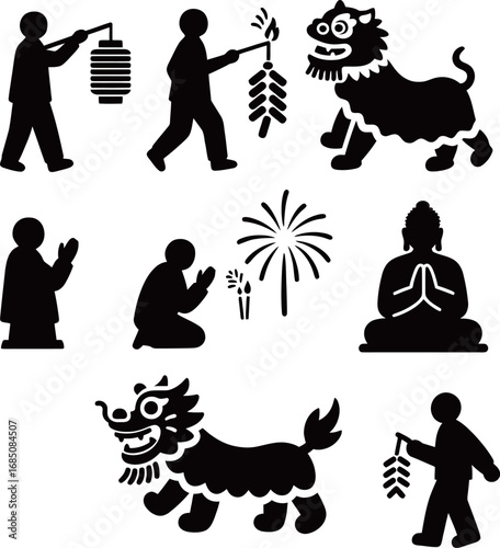 Silhouettes of cultural celebrations with lion dance, prayers, and Buddhist symbolism.