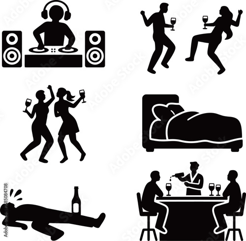 Dynamic silhouettes showcase a nightlife experience with dancing and socializing.