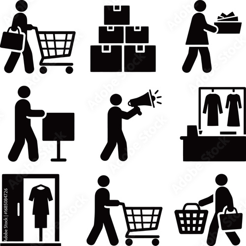 A collection of black silhouette icons depicting shopping activities and retail elements.