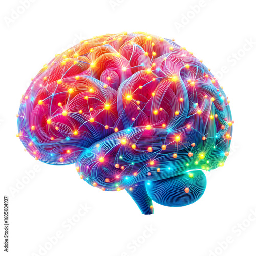 3D glowing brain model isolated white background.