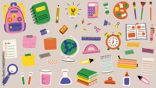 Back to school clipart set. Hand drawn flat vector illustrations of school supplies, arts and crafts materials, laboratory equipment, decorative sticky notes and washi tapes and more.