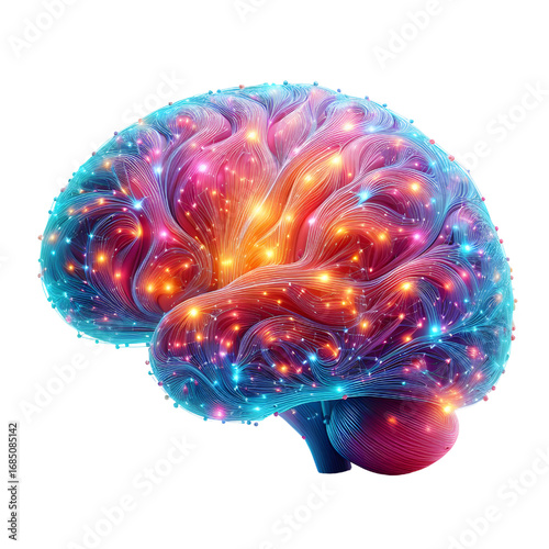 3D glowing brain model isolated white background.