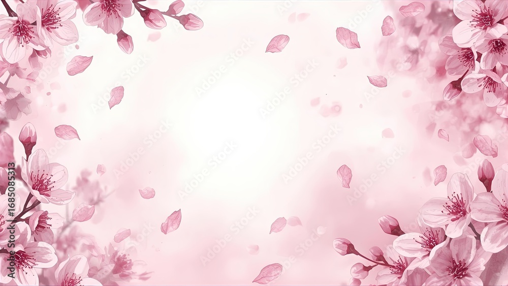 Fototapeta premium An ethereal and soft frame with delicate pink cherry blossoms and a gentle glowing center. A dreamy and romantic spring floral background for a beautiful and elegant design project