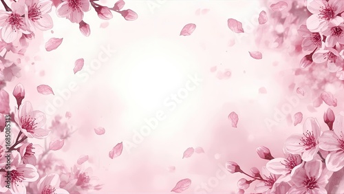 An ethereal and soft frame with delicate pink cherry blossoms and a gentle glowing center. A dreamy and romantic spring floral background for a beautiful and elegant design project