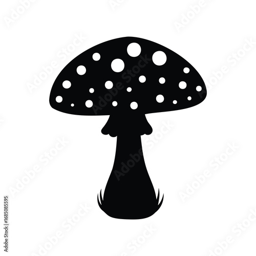 Simple black and white vector illustration of a mushroom with white spots, mushroom with spores silhouette vector illustration
