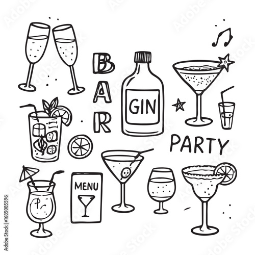 Alcohol cocktail bar doodle set, vector hand drawn beverages party vector