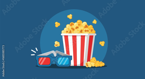 Vector illustration of a bucket of popcorn and 3d glasses on a blue background, symbolizing movie night, entertainment, and cinema
