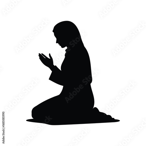 Silhouette of kneeling woman in prayer with head covering on white background, muslim woman making dua silhouette vector illustration