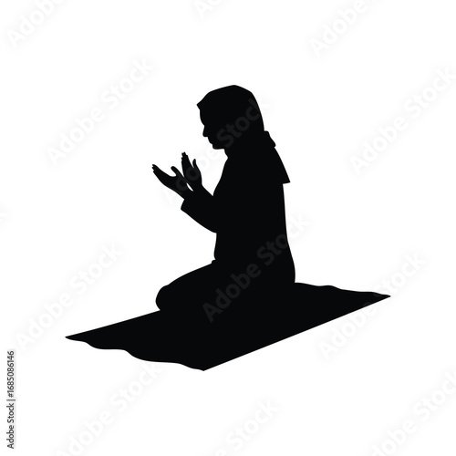 Silhouette of a Muslim woman praying on a mat with hands raised, muslim woman praying in sujood silhouette vector illustration
