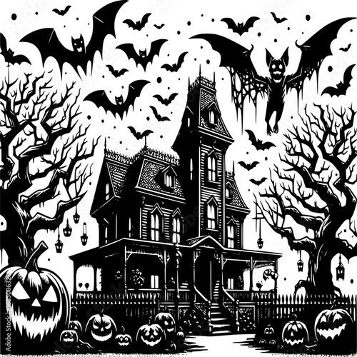Spooky Halloween Scene: A chilling black-and-white illustration showcasing a haunted house, bats, pumpkins, and eerie ambiance, evoking the spirit of Halloween night.