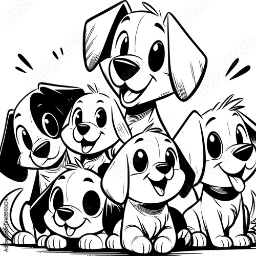 Happy Puppy Crowd: Charming black and white image of a cheerful puppy gathering, brimming with joy and playfulness, perfect for evoking warmth and happiness.
