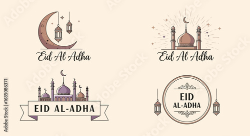 Vector illustration of collection of eid al adha greetings with islamic symbols like crescent moon and mosque