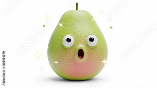 A cartoon pear with surprised expression, big eyes, and open mouth, green skin with rosy cheeks. Sparkling accents surround