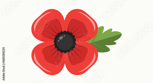 Vector illustration of red poppy flower with green leaf