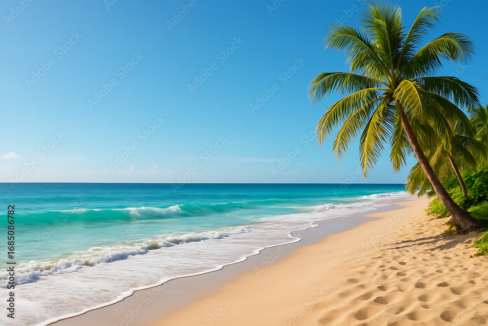 Fototapeta premium Tropical Beach with Palm Trees and Blue Sea
