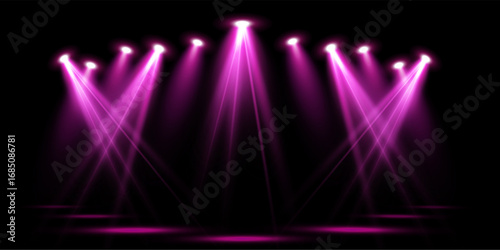 Pink spotlight stage background. Disco party projector light concert or show scene. Magic beam glow for nightclub or award winner with confetti glitter.