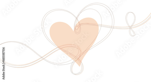 Vector illustration of soft peach heart shape with delicate outline and flowing lines, representing love and affection, isolated on a