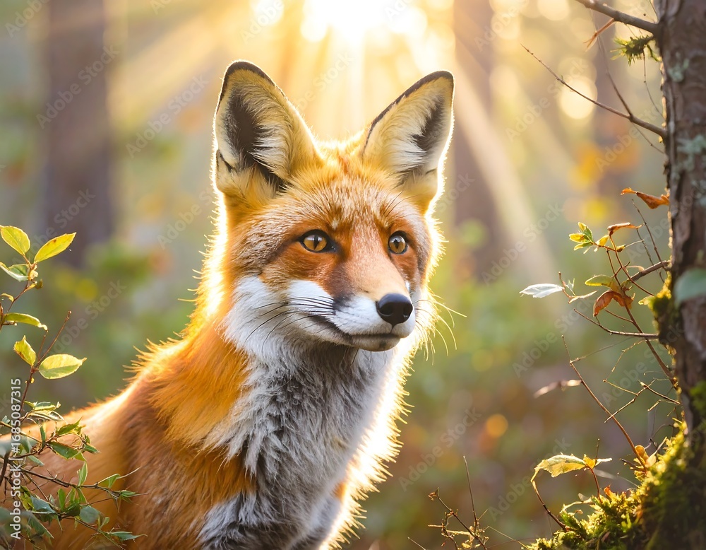 Naklejka premium Red Fox in Sunlight, Forest Setting