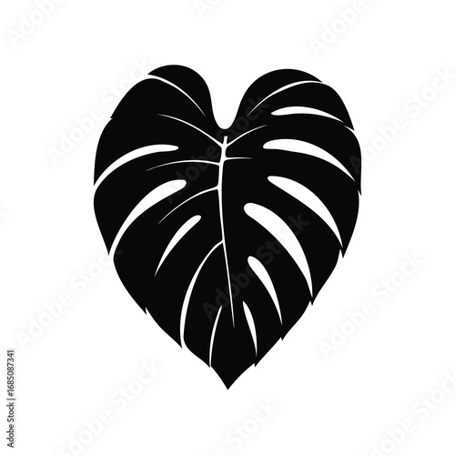 Black silhouette of monstera deliciosa leaf on white background, nature concept, philodendron leaf silhouette vector illustration