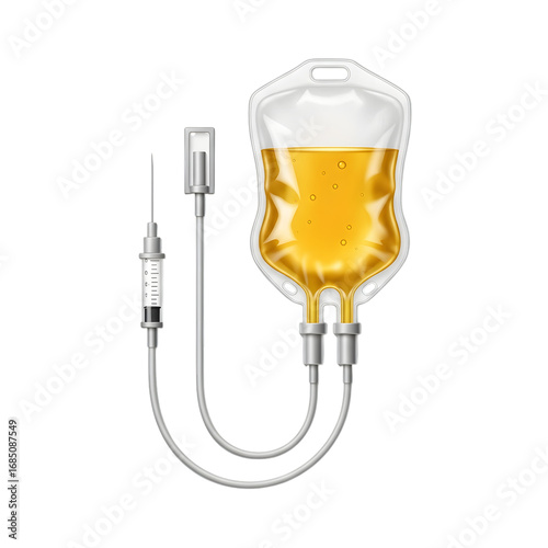 Medical iv bag with yellow liquid and syringe isolated on transparent background
