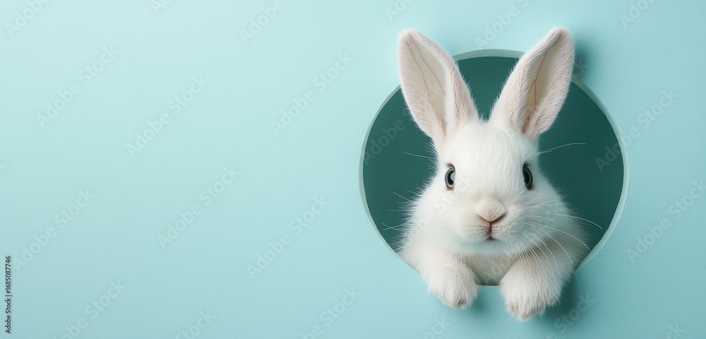 Obraz premium Adorable white rabbit peeking from a pastel blue circular cutout