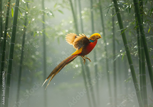 A vibrant male Golden Pheasant gracefully soars through a misty green bamboo jungle with ethereal light