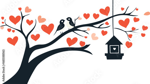 Two silhouettes of birds perched on a tree branch adorned with red hearts and a birdhouse