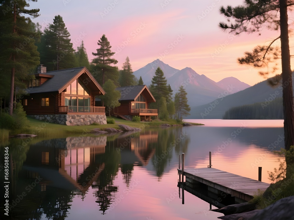 Obraz premium Cozy cabins nestled by a serene lake at sunset with mountain backdrop